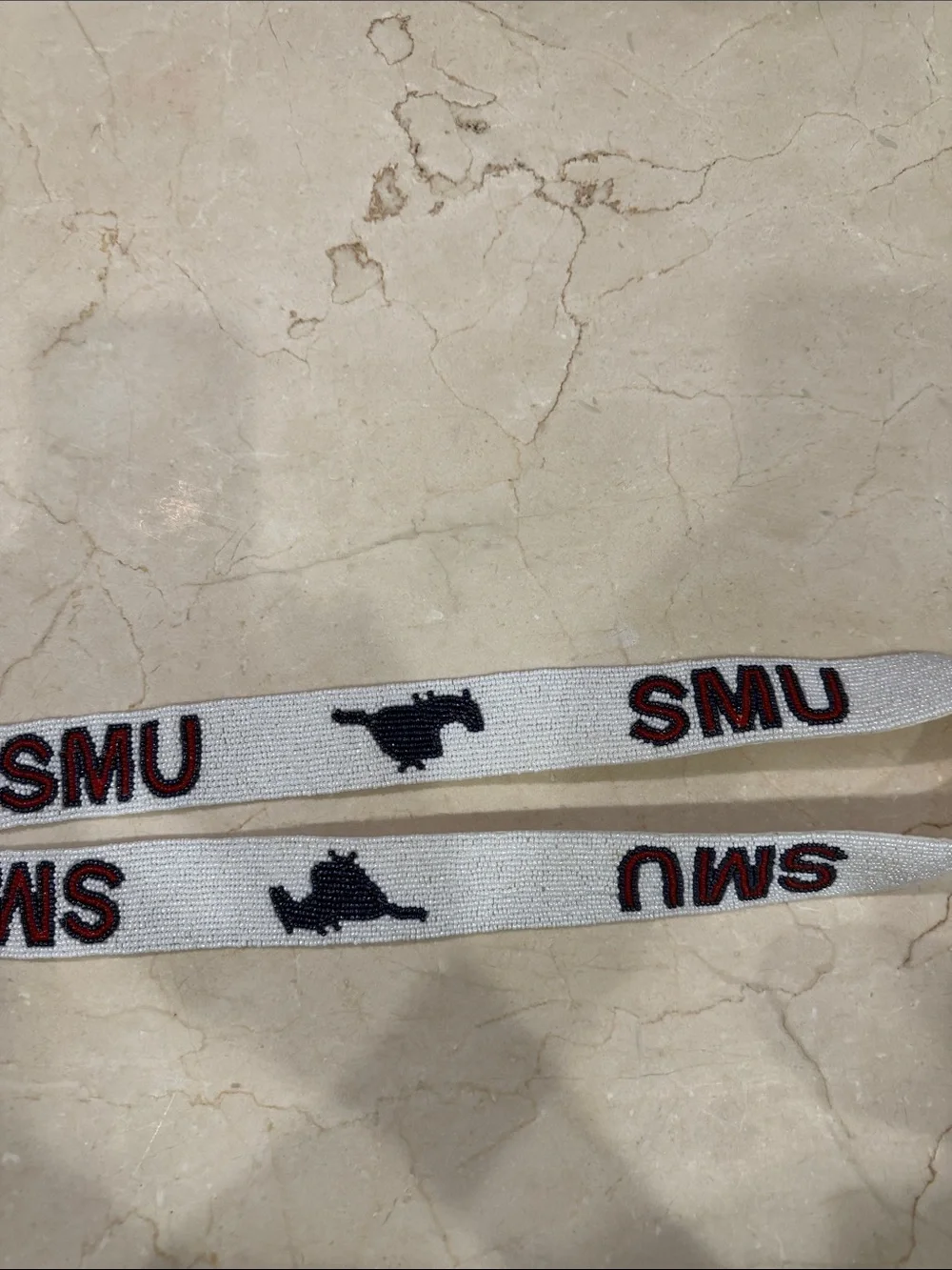 Beaded SMU Key Fob in White with Navy & Red Accents